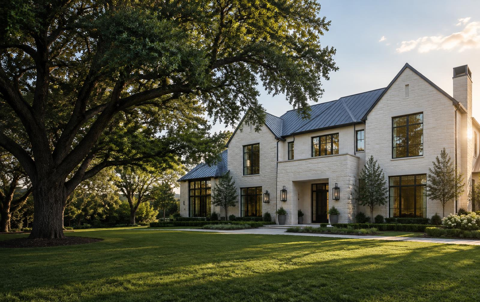 A contemporary Texas home surrounded by mature trees